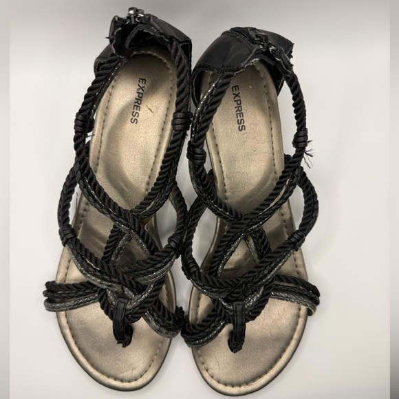 Express Black & Silver Braided Rope Wedge Sandals - Picture 4 of 7